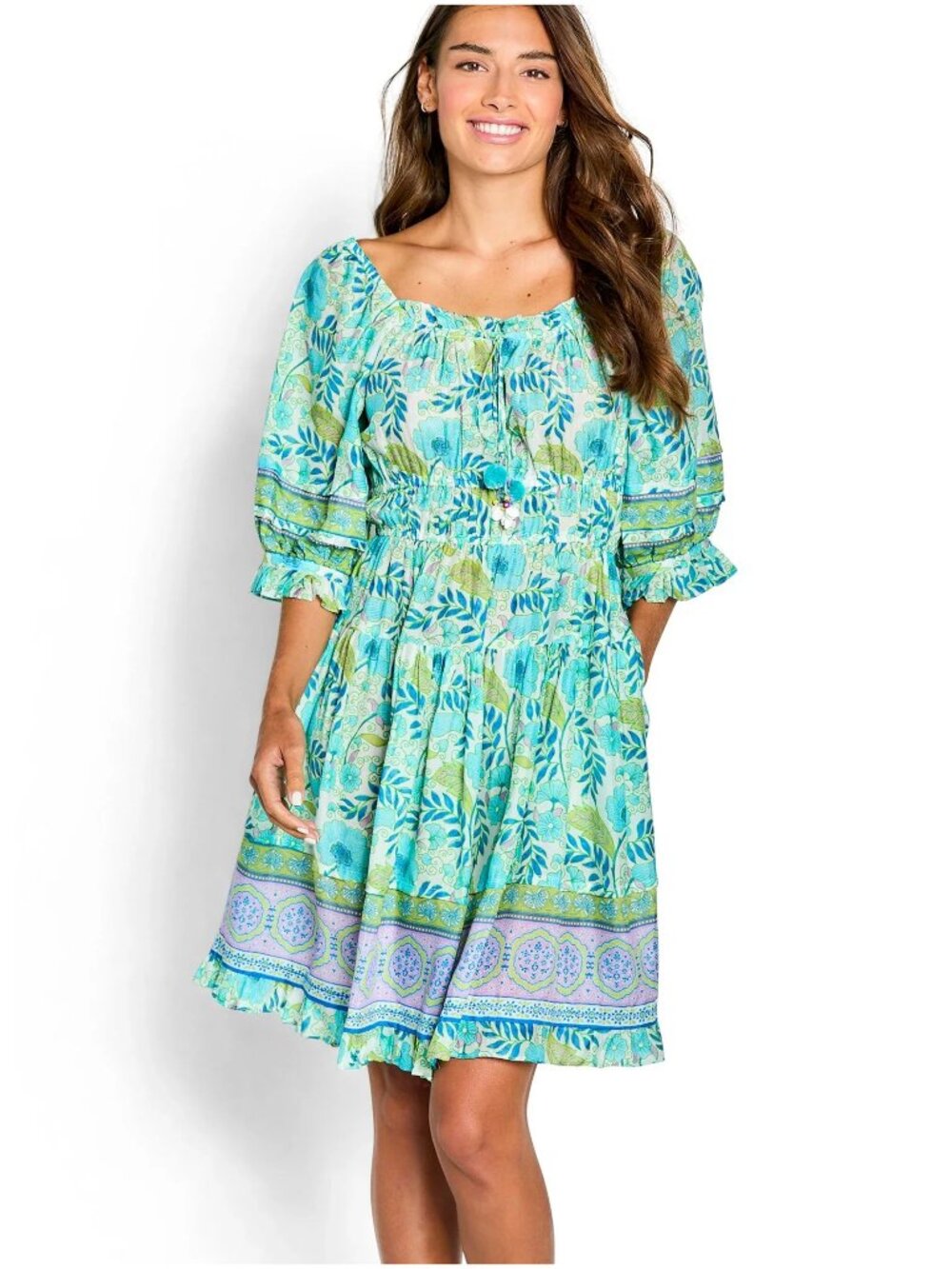 Bella Tu Poppy Shirred Waist Dress size M medium turquoise blue floral
